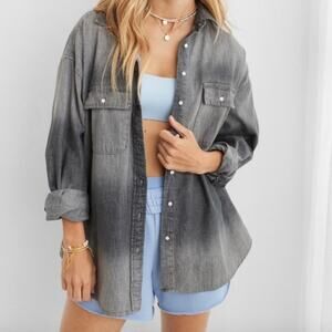 Aerie Denim Oversized Button Down Shirt Top Gray Black Ombre XS